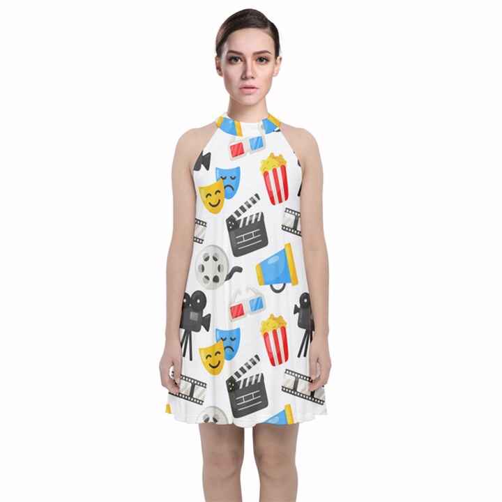 Cinema Icons Pattern Seamless Signs Symbols Collection Icon Velvet Halter Neckline Dress 