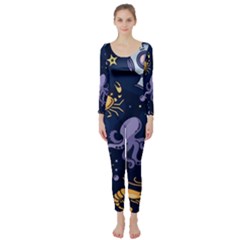 Marine Seamless Pattern Thin Line Memphis Style Long Sleeve Catsuit by Nexatart