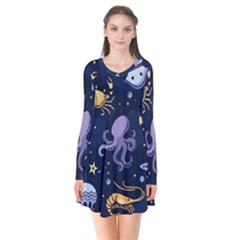 Marine Seamless Pattern Thin Line Memphis Style Long Sleeve V-neck Flare Dress by Nexatart