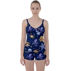 Marine Seamless Pattern Thin Line Memphis Style Tie Front Two Piece Tankini by Nexatart