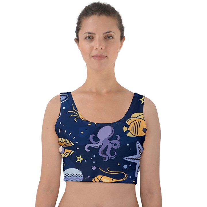 Marine Seamless Pattern Thin Line Memphis Style Velvet Crop Top