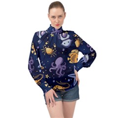 Marine Seamless Pattern Thin Line Memphis Style High Neck Long Sleeve Chiffon Top by Nexatart