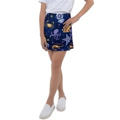 Marine Seamless Pattern Thin Line Memphis Style Kids  Tennis Skirt