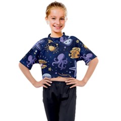 Marine Seamless Pattern Thin Line Memphis Style Kids Mock Neck Tee