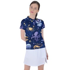 Marine Seamless Pattern Thin Line Memphis Style Women s Polo Tee