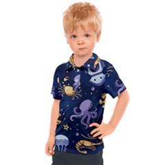 Marine Seamless Pattern Thin Line Memphis Style Kids  Polo Tee