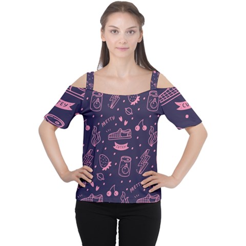 Various Cute Girly Stuff Seamless Pattern Cutout Shoulder Tee by Nexatart