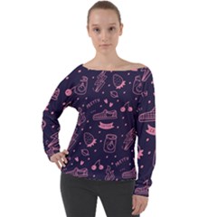 Various Cute Girly Stuff Seamless Pattern Off Shoulder Long Sleeve Velour Top