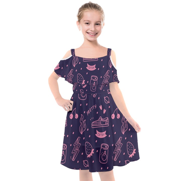 Various Cute Girly Stuff Seamless Pattern Kids  Cut Out Shoulders Chiffon Dress