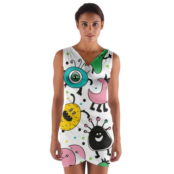 Funny Monster Pattern Wrap Front Bodycon Dress