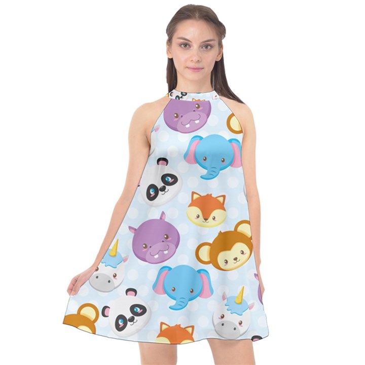 Animal Faces Collection Halter Neckline Chiffon Dress 