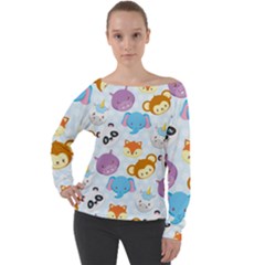 Animal Faces Collection Off Shoulder Long Sleeve Velour Top