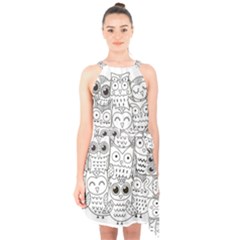 Circle Shape Pattern With Cute Owls Coloring Book Halter Collar Waist Tie Chiffon Dress by Nexatart