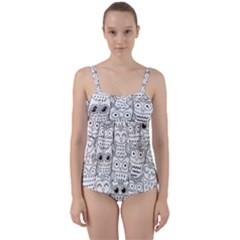 Circle Shape Pattern With Cute Owls Coloring Book Twist Front Tankini Set by Nexatart