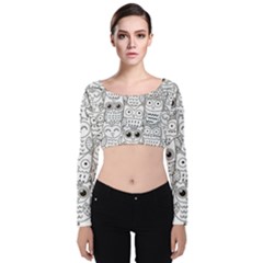 Circle Shape Pattern With Cute Owls Coloring Book Velvet Long Sleeve Crop Top by Nexatart