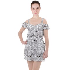 Circle Shape Pattern With Cute Owls Coloring Book Ruffle Cut Out Chiffon Playsuit by Nexatart