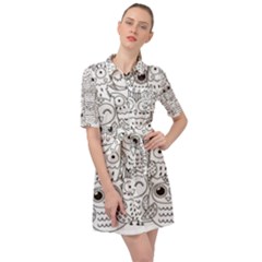 Circle Shape Pattern With Cute Owls Coloring Book Belted Shirt Dress by Nexatart