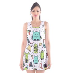 Seamless Pattern With Funny Monsters Cartoon Hand Drawn Characters Colorful Unusual Creatures Scoop Neck Skater Dress by Nexatart