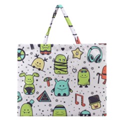 Seamless Pattern With Funny Monsters Cartoon Hand Drawn Characters Colorful Unusual Creatures Zipper Large Tote Bag by Nexatart