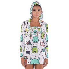 Seamless Pattern With Funny Monsters Cartoon Hand Drawn Characters Colorful Unusual Creatures Long Sleeve Hooded T-shirt by Nexatart