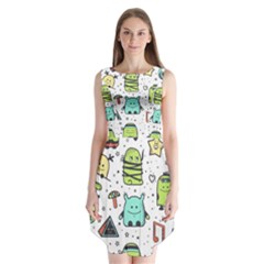 Seamless Pattern With Funny Monsters Cartoon Hand Drawn Characters Colorful Unusual Creatures Sleeveless Chiffon Dress   by Nexatart