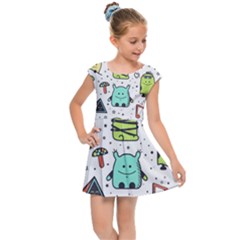 Seamless Pattern With Funny Monsters Cartoon Hand Drawn Characters Colorful Unusual Creatures Kids  Cap Sleeve Dress by Nexatart