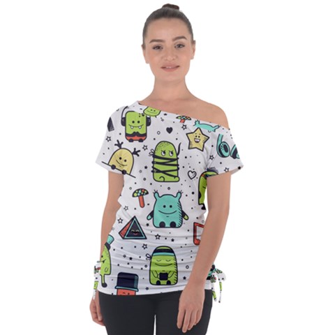 Seamless Pattern With Funny Monsters Cartoon Hand Drawn Characters Colorful Unusual Creatures Tie-up Tee by Nexatart