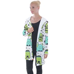 Seamless Pattern With Funny Monsters Cartoon Hand Drawn Characters Colorful Unusual Creatures Longline Hooded Cardigan by Nexatart