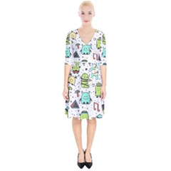 Seamless Pattern With Funny Monsters Cartoon Hand Drawn Characters Colorful Unusual Creatures Wrap Up Cocktail Dress by Nexatart