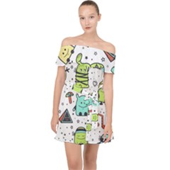 Seamless Pattern With Funny Monsters Cartoon Hand Drawn Characters Colorful Unusual Creatures Off Shoulder Chiffon Dress by Nexatart