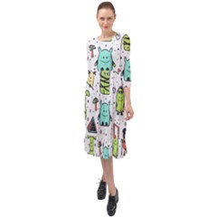 Seamless Pattern With Funny Monsters Cartoon Hand Drawn Characters Colorful Unusual Creatures Ruffle End Midi Chiffon Dress