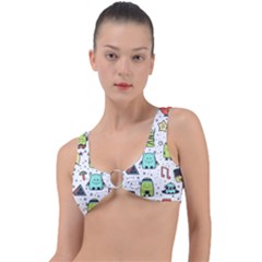 Seamless Pattern With Funny Monsters Cartoon Hand Drawn Characters Colorful Unusual Creatures Ring Detail Bikini Top