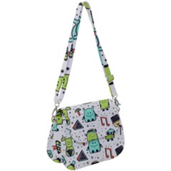 Seamless Pattern With Funny Monsters Cartoon Hand Drawn Characters Colorful Unusual Creatures Saddle Handbag