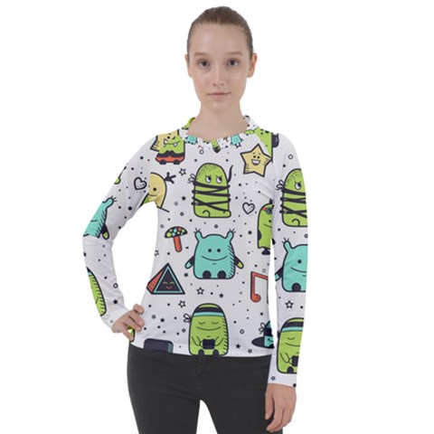 Seamless Pattern With Funny Monsters Cartoon Hand Drawn Characters Colorful Unusual Creatures Women s Pique Long Sleeve Tee by Nexatart