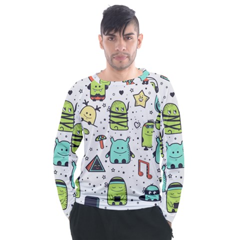 Seamless Pattern With Funny Monsters Cartoon Hand Drawn Characters Colorful Unusual Creatures Men s Long Sleeve Raglan Tee by Nexatart