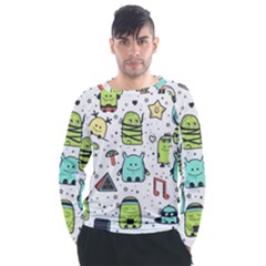 Seamless Pattern With Funny Monsters Cartoon Hand Drawn Characters Colorful Unusual Creatures Men s Long Sleeve Raglan Tee