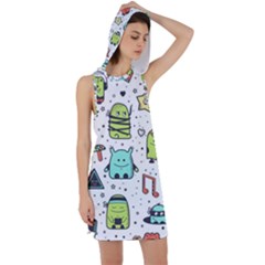 Seamless Pattern With Funny Monsters Cartoon Hand Drawn Characters Colorful Unusual Creatures Racer Back Hoodie Dress