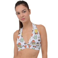 Funny Seamless Pattern With Cartoon Monsters Personage Colorful Hand Drawn Characters Unusual Creatu Halter Plunge Bikini Top by Nexatart