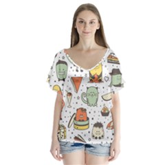 Funny Seamless Pattern With Cartoon Monsters Personage Colorful Hand Drawn Characters Unusual Creatu V-neck Flutter Sleeve Top by Nexatart