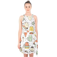 Funny Seamless Pattern With Cartoon Monsters Personage Colorful Hand Drawn Characters Unusual Creatu Halter Collar Waist Tie Chiffon Dress by Nexatart