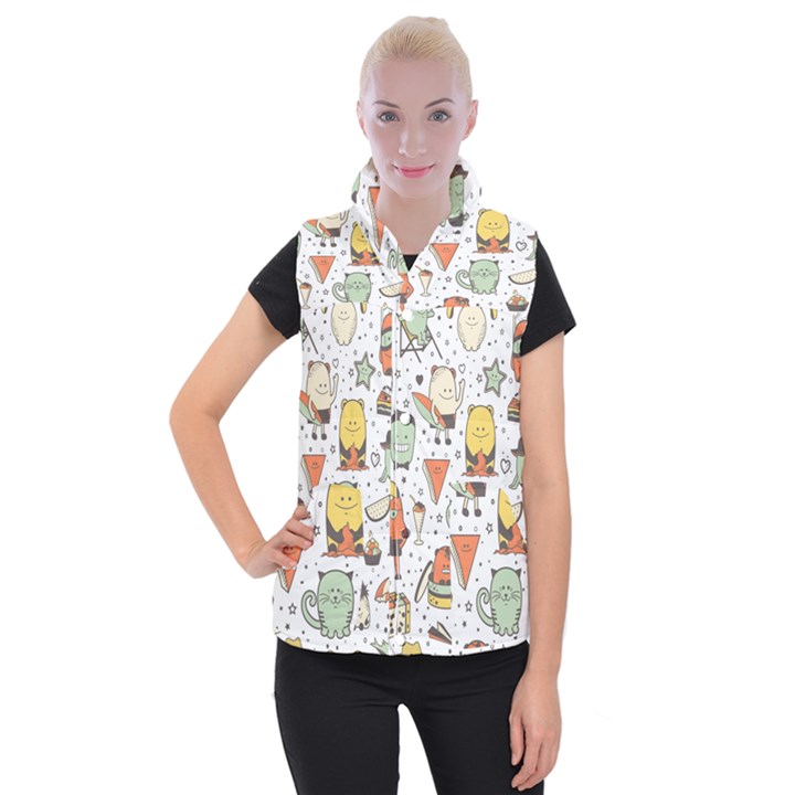 Funny Seamless Pattern With Cartoon Monsters Personage Colorful Hand Drawn Characters Unusual Creatu Women s Button Up Vest