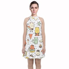 Funny Seamless Pattern With Cartoon Monsters Personage Colorful Hand Drawn Characters Unusual Creatu Velvet Halter Neckline Dress  by Nexatart