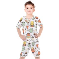 Funny Seamless Pattern With Cartoon Monsters Personage Colorful Hand Drawn Characters Unusual Creatu Kids  Tee And Shorts Set by Nexatart