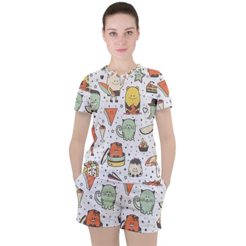 Funny Seamless Pattern With Cartoon Monsters Personage Colorful Hand Drawn Characters Unusual Creatu Women s Tee And Shorts Set by Nexatart