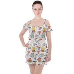 Funny Seamless Pattern With Cartoon Monsters Personage Colorful Hand Drawn Characters Unusual Creatu Ruffle Cut Out Chiffon Playsuit by Nexatart