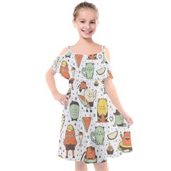 Funny Seamless Pattern With Cartoon Monsters Personage Colorful Hand Drawn Characters Unusual Creatu Kids  Cut Out Shoulders Chiffon Dress by Nexatart