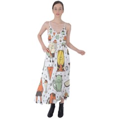 Funny Seamless Pattern With Cartoon Monsters Personage Colorful Hand Drawn Characters Unusual Creatu Tie Back Maxi Dress