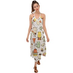 Funny Seamless Pattern With Cartoon Monsters Personage Colorful Hand Drawn Characters Unusual Creatu Halter Tie Back Dress  by Nexatart