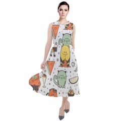 Funny Seamless Pattern With Cartoon Monsters Personage Colorful Hand Drawn Characters Unusual Creatu Round Neck Boho Dress by Nexatart