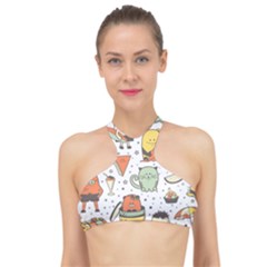 Funny Seamless Pattern With Cartoon Monsters Personage Colorful Hand Drawn Characters Unusual Creatu High Neck Bikini Top by Nexatart